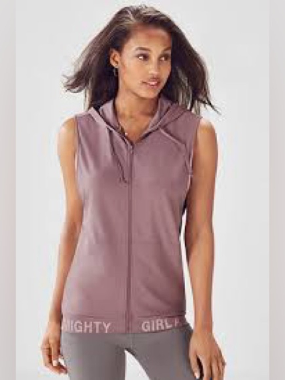 Fabletics Yukon Tunic Hoodie, a sleeveless zip-up vest. Mauve. Size M